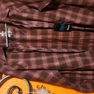 Wrangler Men's Maroon and Gold Plaid Button Down Shirt